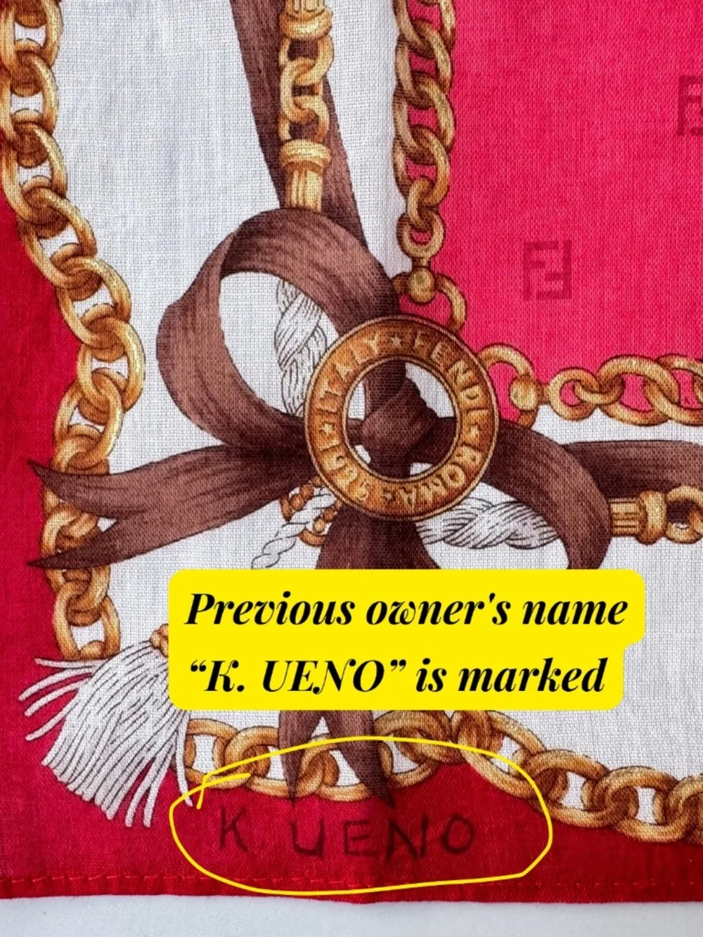 Vintage Fendi Scarf Handkerchief Neckerchief Pocket Square Chain Bow Red 17x17